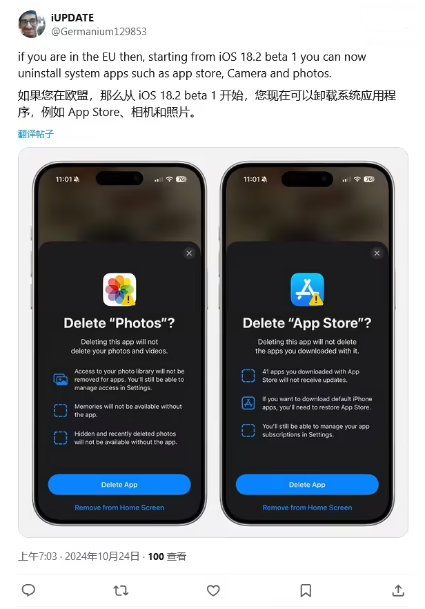 熊口管理区苹果手机维修分享iOS 18.2 支持删除 App Store 应用商店 