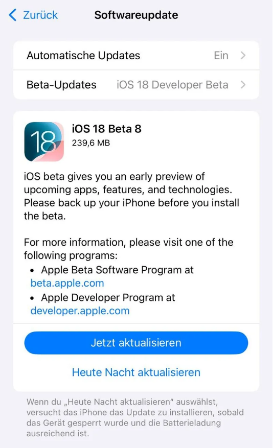 熊口管理区苹果手机维修分享苹果 iOS / iPadOS 18 开发者预览版 Beta 8 发布 